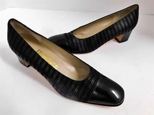 Salvatore Ferragamo Black on Black Pinstripe Leather Pumps 7 2A - Picture 1 of 6