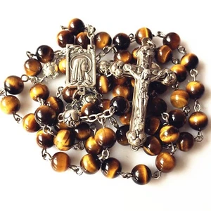elegantes medizinisches KATHOLISCHES Tigerauge & Silber Rose Perlen ROSENKRANZ KREUZ Kruzifix n... - Bild 1 von 8