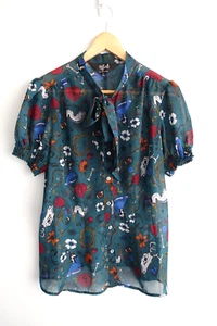Hell Bunny Blouse Womens Small 8 10 Talisman Magic Print Sheer Pussy Bow Retro - Picture 1 of 21