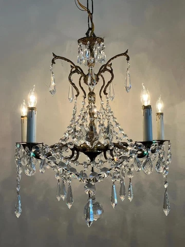 ANTIQUE VTG BRONZE TONE BRASS w FRENCH & CZECH CRYSTAL CHANDELIER LAMP  👀 video Cover
