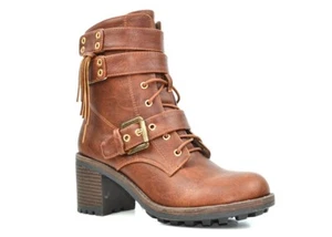 Women's Cognac Combat Ankle Boots with Buckle Strap and Chunky Heel - Foto 1 di 5