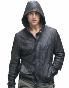 Men's Jacket Mission Impossible Black Hooded Real Leather Jacket - Picture 1 of 4