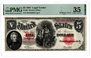 NobleSpirit US Large Size $5 1907 Legal Tender Note Fr. 92 PMG 35 Choice VF - Picture 1 of 2