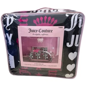 Juicy Couture 5pc TWIN Comforter Set Black White Pink Hearts Crowns Spell Out - Picture 1 of 4