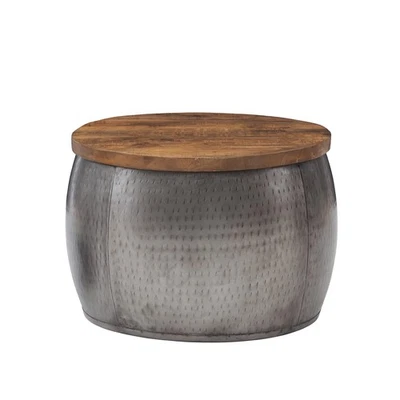 Mesa de tambor Janice martillada plateada con tapa elevadora de madera natural para almacenamiento interior... Foto 1 de 4