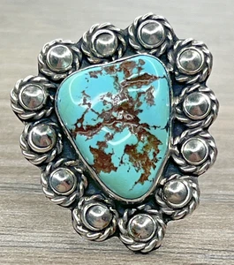 Big Handmade Navajo Sterling 925 Kingman Spiderweb Turquoise Cluster Ring 12g - Picture 1 of 14