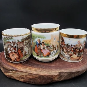 Set of 3 Czech Porcelain Mugs – Gold Trim Humorous Scenes w/ Folk Costumes VTG - Picture 1 of 18