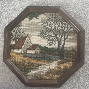 Vintage Framed country cottage Needlepoint Tapestry Ocatagonal Frame Countrycore - Picture 1 of 5