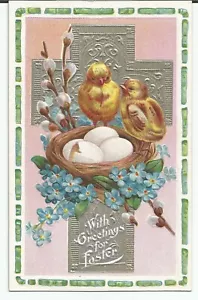Postal vintage de gallinas y huevos de Pascua en nido flores cruz de plata sin publicar - Imagen 1 de 2