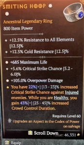 Diablo 4 S7 Season 7 2GA Legendary Ring 685 max life 105% Overpower damage - Picture 1 of 1