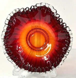 Crimped Fenton Red Amberina Silver Crest Ribbed Low Bowl J. Wilfred Co. Rare - Picture 1 of 12