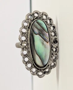 Anillo Ajustable Vintage Años 70 Fila Gris Y Abulón Tono Plata Talla 6-7 - Imagen 1 de 8
