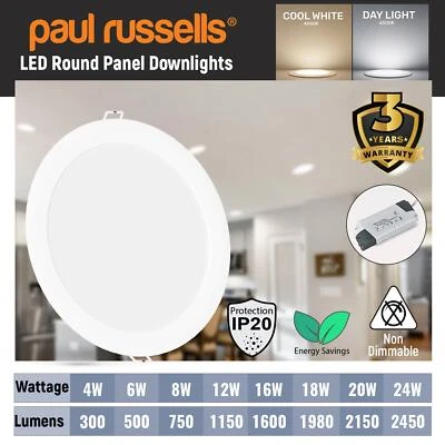 PAUL RUSSELLS LED Recessed Surface Mounted Ceiling Round Ultra Slim IP20 Downwards Panel Light