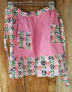VTG Apron 2 Front Pockets Bright Pink w Matching Mod Black Green Pink Fabric TLC - Picture 1 of 12