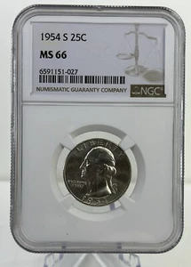 1954 S Washington Quarter Dollar - NGC MS66 - 25c - San Francisco - Bild 1 von 4