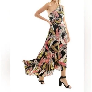 NWT Nicole Miller Sz 16 Leaf Print Pleated Asymmetrical One Shoulder Maxi Dress - Picture 1 of 14