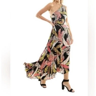NWT Nicole Miller Sz 16 Leaf Print Pleated Asymmetrical One Shoulder Maxi Dress - Image 1 of 4