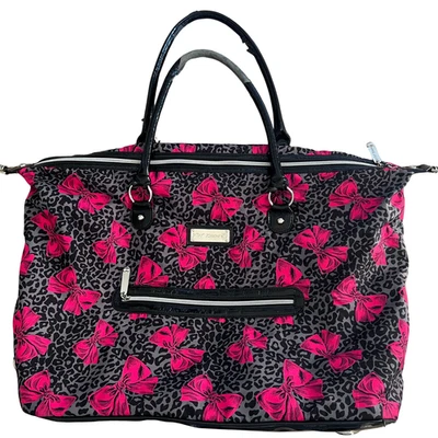 Betsey Johnson Large Pink Black Bow Duffle Bag Y2K Travel Weekender Tote - Image 1 of 4