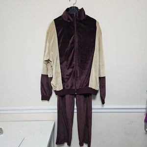 Vintage 90s Y2K Velour Track Suit Jacket & Pants Set Burgundy Men's Large - Picture 1 of 20