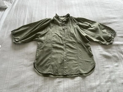 H&M Sage Green Linen Cotton Blend Puff Sleeve High Neck Blouse Top Size M - Image 1 of 4