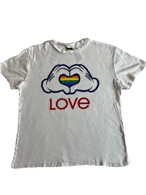 Rainbow Disney Collection 女式 M White Love Heart Pride 100% 棉 T 恤 — 第 1/4 张图片
