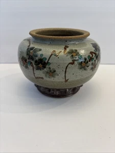 Vintage Kunst Studio Keramik Vase Künstler signiert asiatische Blumen Steinzeug - Bild 1 von 9
