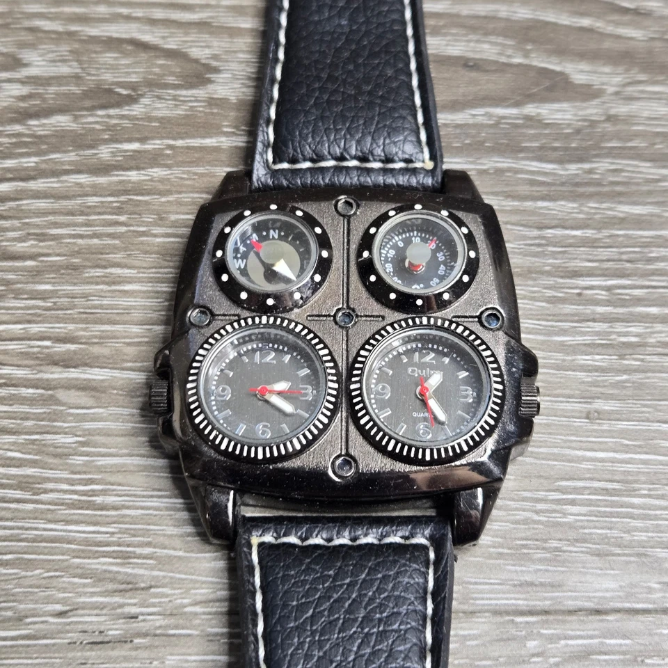 OULM男士双时区军用手表装饰指南针大表盘皮革1140 — 第 1/4 张图片