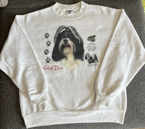 Vintage 80er 90er Shih Tzu "Jerzees" Sweatshirt Pullover mit Rundhalsausschnitt weiß Hund - Large - Bild 1 von 12