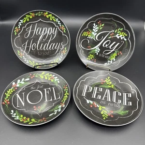 Set Of 4 PIER 1 Happy Holiday Christmas Dessert Salad 8” Plates Joy Peace Noel - Picture 1 of 7