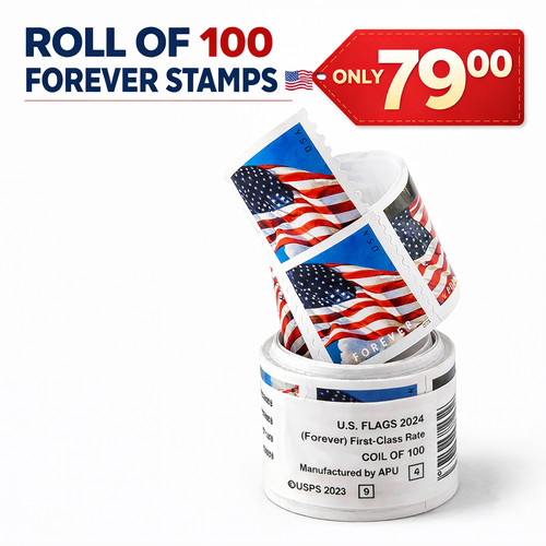100 USPS Forever Stamps Roll 2024 Flag Coil First Class Postage Bulk ...