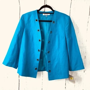 Kasper Blazer Jacket Women’s 14 Blue Open Blazer Long Sleeves Linen Grotto - Picture 1 of 13