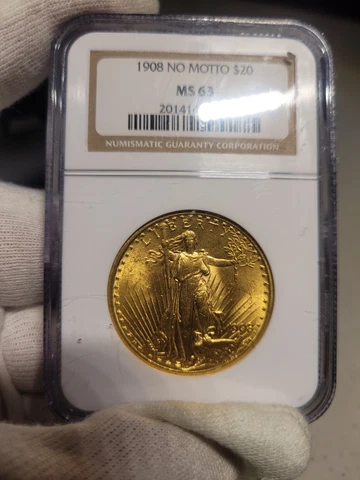 1908 No Motto Saint Gaudens Gold Double Eagle NGC MS 63 Cover
