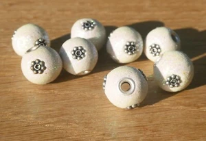 White Glitter Charm Beads, Silver Colour Trim, Bag of 8 Pieces (Man made) - Picture 1 of 5