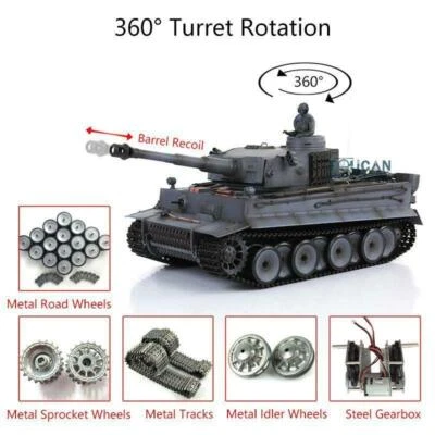 2.4G 7.0 Henglong 1/16 Gray BB Tiger I RTR RC Tank 3818 360 Recoil Metal Track - Image 1 of 4