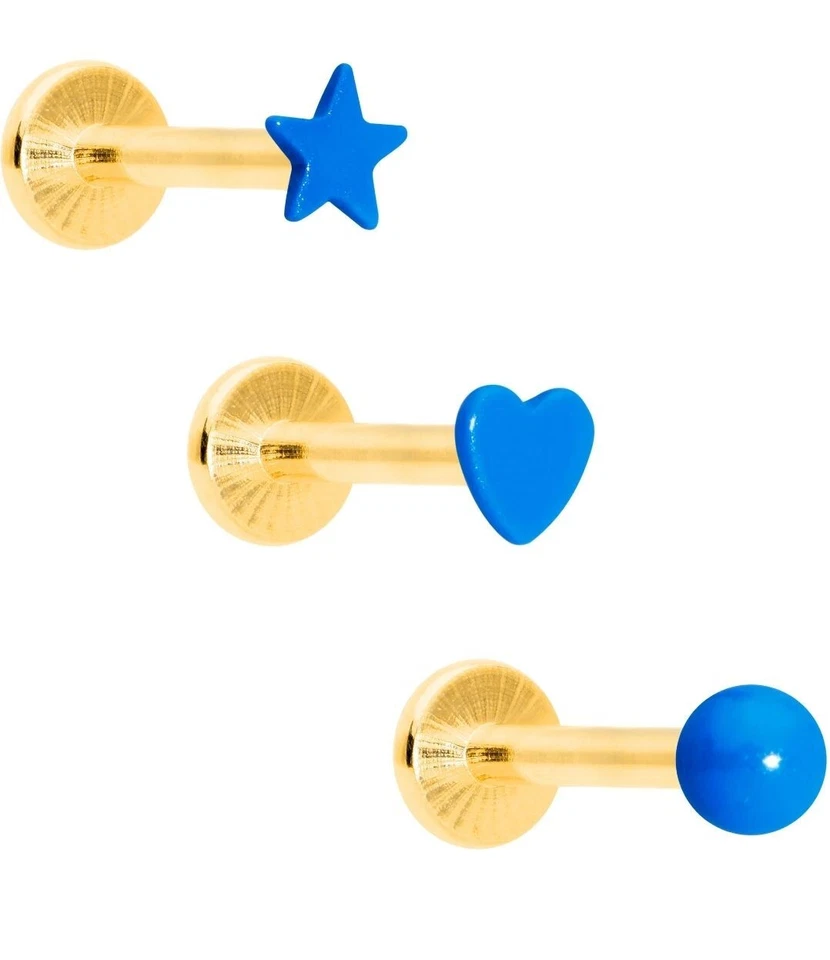 Juego de 3 labret corazón estrella brillante azul tono dorado calibre 16 5/16 Foto 1 de 4