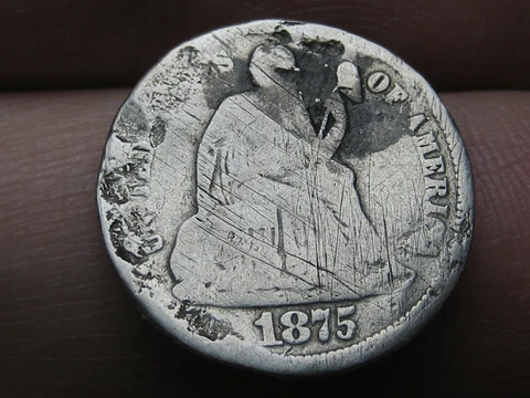 1875 S 90% Silver Seated Liberty Dime- Mintmark Under Wreath, Below Bow Cover