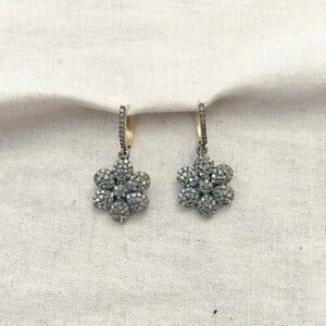 Natural Pave Diamond Flower Designer 925 Sterling Silver Drop Dangle Earring