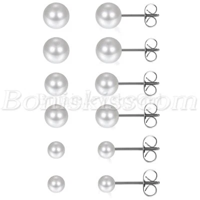 Pendientes hipoalergénicos con tachuelas de bola de perlas sintéticas con dije para mujeres y niñas Foto 1 de 3