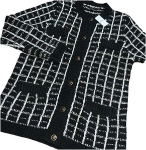 ANN TAYLOR Shimmer LADY JACKET Women’s XL Black Plaid Gold Button Sweater NEW - Picture 1 of 23