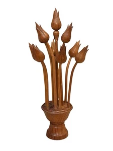 VTG Hand Carved Wooden Tulip Flower Sculpture Vase Mid Century Modern Decor - Picture 1 of 6