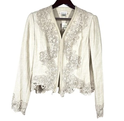 Chaqueta de Lino Embellecida Coldwater Creek Nueva con Etiquetas Talla M Floral Encaje sofisticada Boho Foto 1 de 4