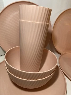 12 Piece MAINSTAYS Plastic Swirl Dishes Tumblers, Plates, and Bowls Blush Color - Image 1 of 4
