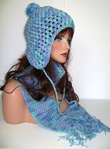 MENS WOMENS BLUE MULTI CROCHET EARFLAP HAT AND SCARF SET PERUVIAN STYLE HAT   - Picture 1 of 6