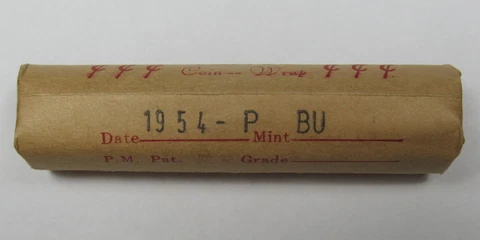 1954 P Lincoln Cents/Wheat Penny BU Roll of 50 Pennies in Old Unopened Wrapper Cover
