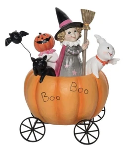 Halloween 8.75" Orange and Gray "Boo Boo" Pumpkin Cart Table Decor Transpac NEW - Picture 1 of 8