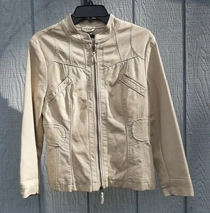 Alfani Jacket Beige Lining 2 Front Pockets Faux Leather Size 8 - Picture 1 of 3