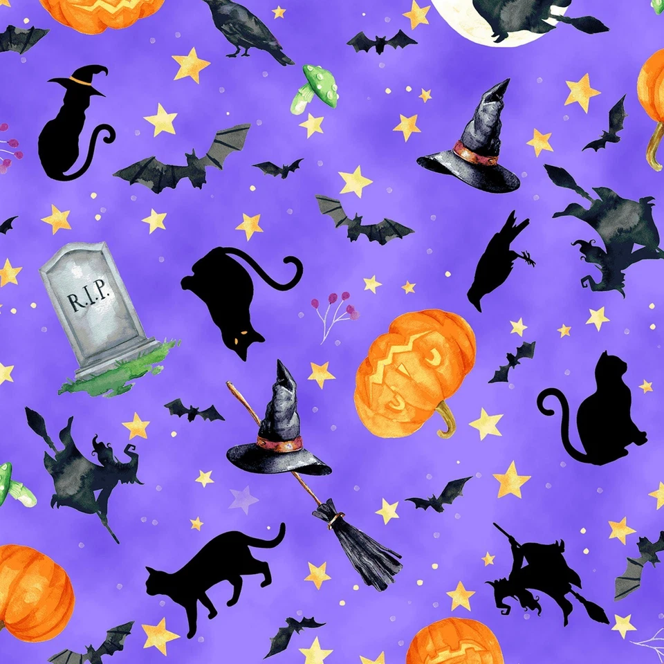 Feline Drive Fabric HAPPY HAUNTING Purple Halloween - Fat Quarter (18"x22") FQ - Image 1 of 4