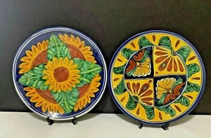 Pair Mexico/Mexican Talavera Pottery Hand-Painted Flowers 11-1/2” Plates - Picture 1 of 9