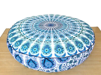 New Sky Blue Peacock Mandala 35" Round Floor Pillow Ottoman Cotton Cushion Cover - Image 1 of 4