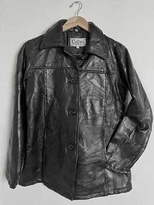 Abrigo de cuero Cellini punto negro mosaico parche abotonado chaqueta para mujer’s L Foto 1 de 4